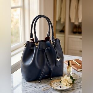 Michael Kors Blakely Medium Leather Bucket Bag Navy Blue